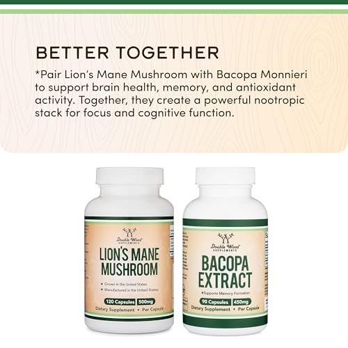 Organic Lions Mane Mushroom Capsules (120 Count), for Focus Support and Immune Health, Third Party Tested and Grown in The USA - by Double Wood