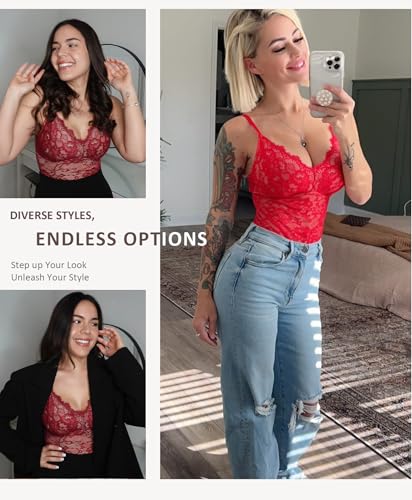 Image of FeelinGirl Shapewear Bodysuits for Women Lace Shapewear Tummy Control V-Neck Sleeveless Bodysuit Tops Jumpsuit