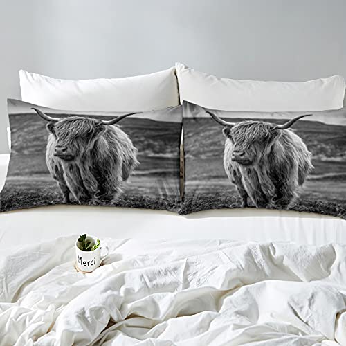 Hochlandkuh Bettwäsche Set Waldtier Bettbezug 155X220 Für Kinder Jungen Erwachsene Mann Longhorn Bull Rinder Tröster Abdeckung Rustikal Bauernhaus Tagesdecke Abdeckung Schlafzimmer Dekor 2 Stücke