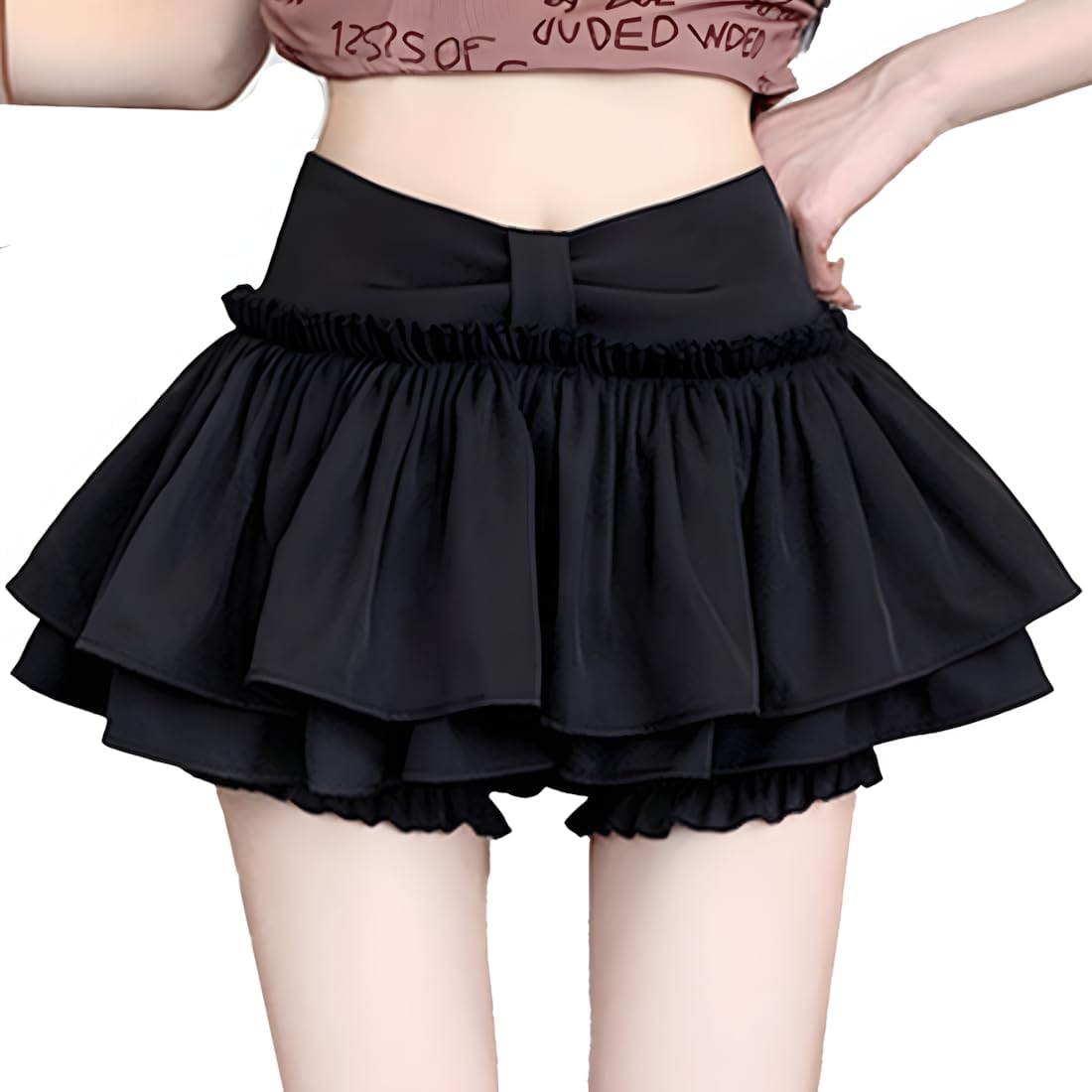 Kawaii Lolita Gothic Vintage Casual Elastic Waist Knot Lace Tiered Pleated Skirt with Shorts Underneath