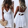 ECOWISH Womens V-Neck Spaghetti Strap Bowknot Backless Sleeveless Lace Mini Swing Skater Dress White Small