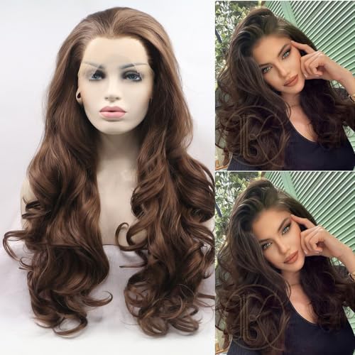 Perruque synthétique longue ondulée chocolat avec tulle frontal pour femme brune