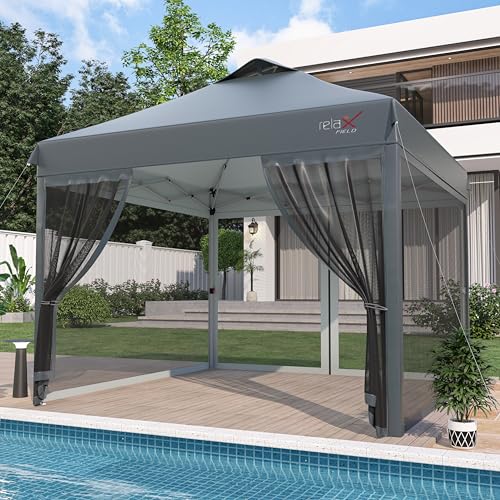 RELAX FIELD 10x10 Pop Up Canopy Tent with Mosquito Netting, Outdoor Portable Screen Tent for Yard, Party, Camping and Picnic, 3 Height Positions, Patio Gazebo with Roller Bag and 4 Sandbags