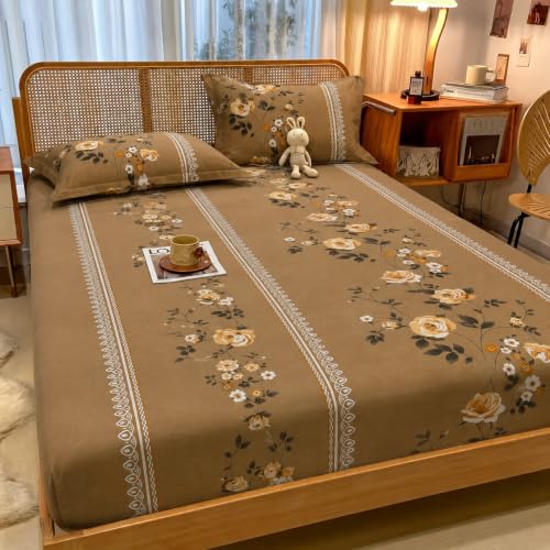 Image of VOMZER Queen Size (60x78) 300 TC Soft Cotton Feel Microfiber All Around Elastic Fitted Queen Bedsheet with 2 Pillow Covers | Beige Lily