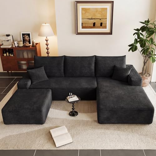 Image of 95 inch U-Shape Cloud Couch, Modern Modular Sectional L-Shape Sofa with Ottoman, Corduroy Upholstered Couches Deep Seat Sleeper Chaise Longue for Living Room, No Assembly Required(Black, Right Facing)