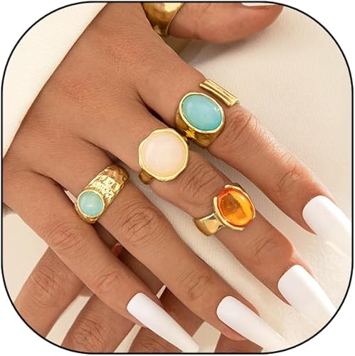 Juego de anillos de dedo de cristal colorido para mujer, vintage, a la moda, grande, color ámbar, piedra lunar, nudillos, juego de anillos retro