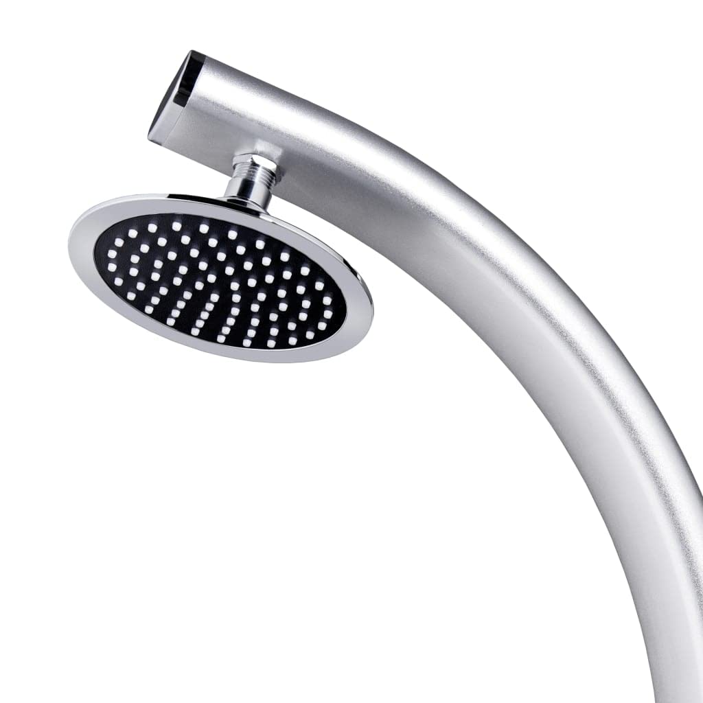 Ducha de jardín de aluminio de 220 cm con placa base gris, ducha de cabeza y ducha de mano, manguera flexible de doble bloqueo de 1,5 m, soporte de ducha de mano para toalla, placa de suelo