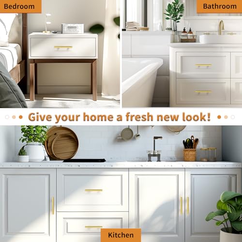 Image of Probrico 5 Pack 3-1 /2 Inch Center-to-Center Kitchen Cabinet Pulls T Bar Gold Cabinet Handles Modern Drawer Hardware Dresser Pulls, 6 Inch Total Length