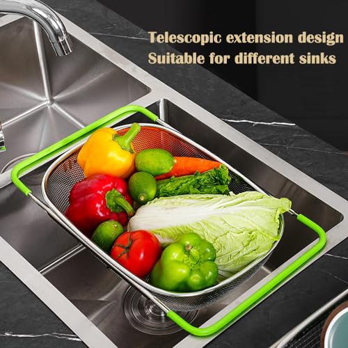 Extendable Over The Sink Colander Basket(38-54cm),Stainless Steel Fine Mesh Draining Baket for Kitchen,Draining Pasta,Washing Vegetables,Rice,Fruit and Dish Storage-Green - Image 6