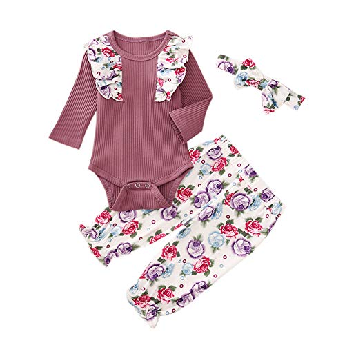 Teblacker Ruffle Long Sleeve Romper Baby Girl Outfit Rib Knit Bodysuit Floral Pants Hairband Set(80 Purple)