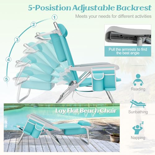 Image of Tangkula Set of 4 Backpack Beach Chair, 5-Position Lightweight Folding Lay Flat Beach Chairs with Storage Bag, 2 Cup Holders, Towel Bar, Backpack Straps