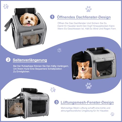 Hundekorb Fahrrad Vorne, 4-in-1 Hundekorb für Fahrrad, Erweiterbarer Hunderrucksack, Hunde-Fahrradkorb mit 4 Mesh-Fenster, 4-Offenen Türen, Haustier-Reisetasche für Katzen und Hunde