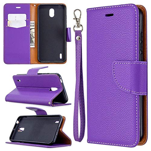 Saturcase Litchi - Funda para Nokia 1.3 (piel sintética, cierre magnético, tarjetero, correa para la mano), compatible con Nokia 1.3