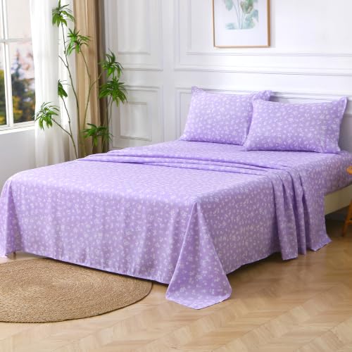 Image of Viviland Full Sheet Set - 4 Piece Cute Purple and White Flower Patterned Bed Sheets - Soft, Breathable Microfiber Sheets with Deep Pocket, Non-Slip Fitted Sheets & Pillowcases