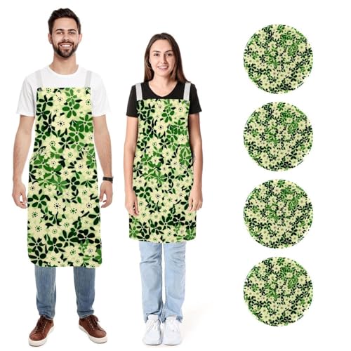 Lot de 2 tabliers de cuisine avec poches motif fleurs vertes taille M et L pour homme et femme