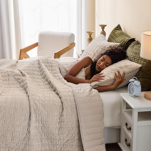 Image of Wonderful Corduroy Texture Beige Quilt Set Queen - Hypoallergenic Skin-Friendly Soft Plush Velvety Touch Bedspread, Classic Vertical Striped Lightweight Coverlet for All Season, 94 inchx94 inch