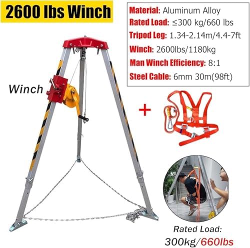 Aluminum Rescue Tripod Fall Arrest Kit - 1800 Lbs Winch & Safety Belt for Emergency Rescue in Tunnels, Sewers & Flues - Essential Lifting Safety Equipment