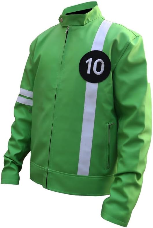 Green Alien Swarn Tennyson Ben - Ten Jacket Faux Leather Green and White Biker Jacket For Men - Image 3