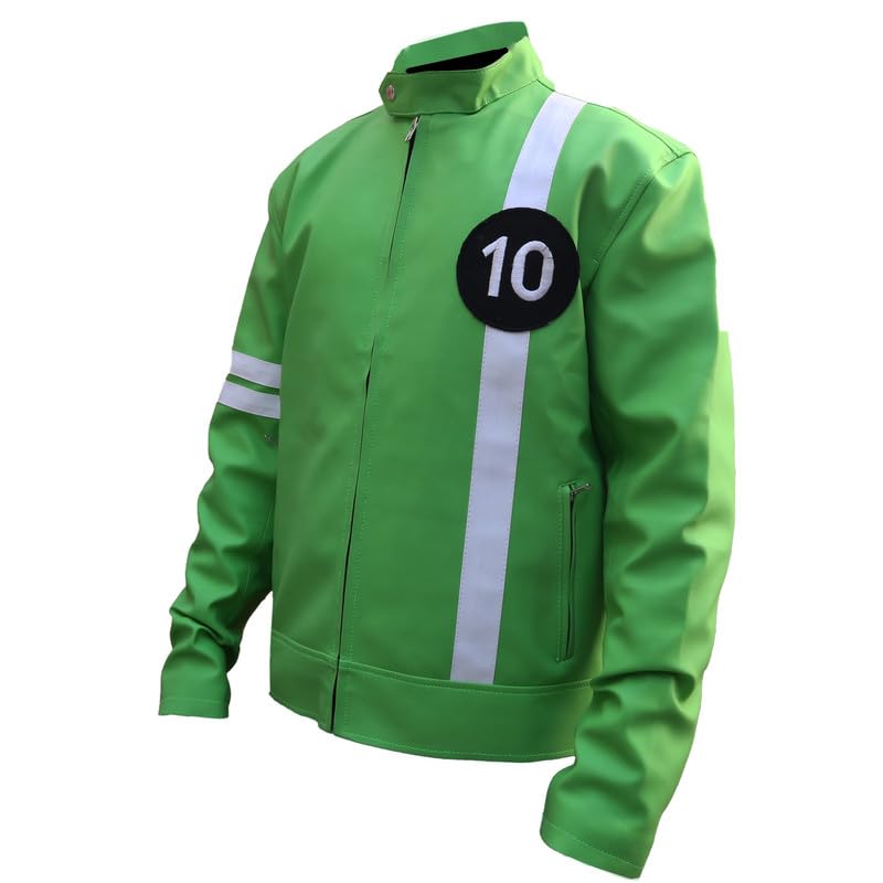 Green Alien Swarn Tennyson Ben - Ten Jacket Faux Leather Green and White Biker Jacket For Men3
