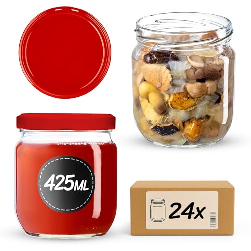 KADAX Lot de 24 pots à confiture avec couvercle à visser, 425 ml, pour confitures, confitures, miel (rouge)