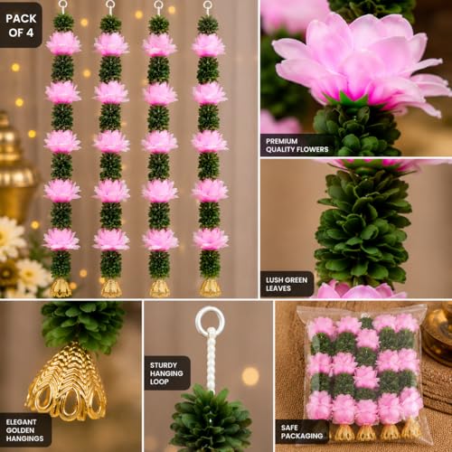 Image of Rajasthan Kraft Artificial Pack of 4, Flower Wall Hanging for Home Decoration | 33 * 4 Inch Pink Floral Hanging with Green Leaves, Decorative Wall Hanging for Diwali, Wedding, Mandir & Living Room