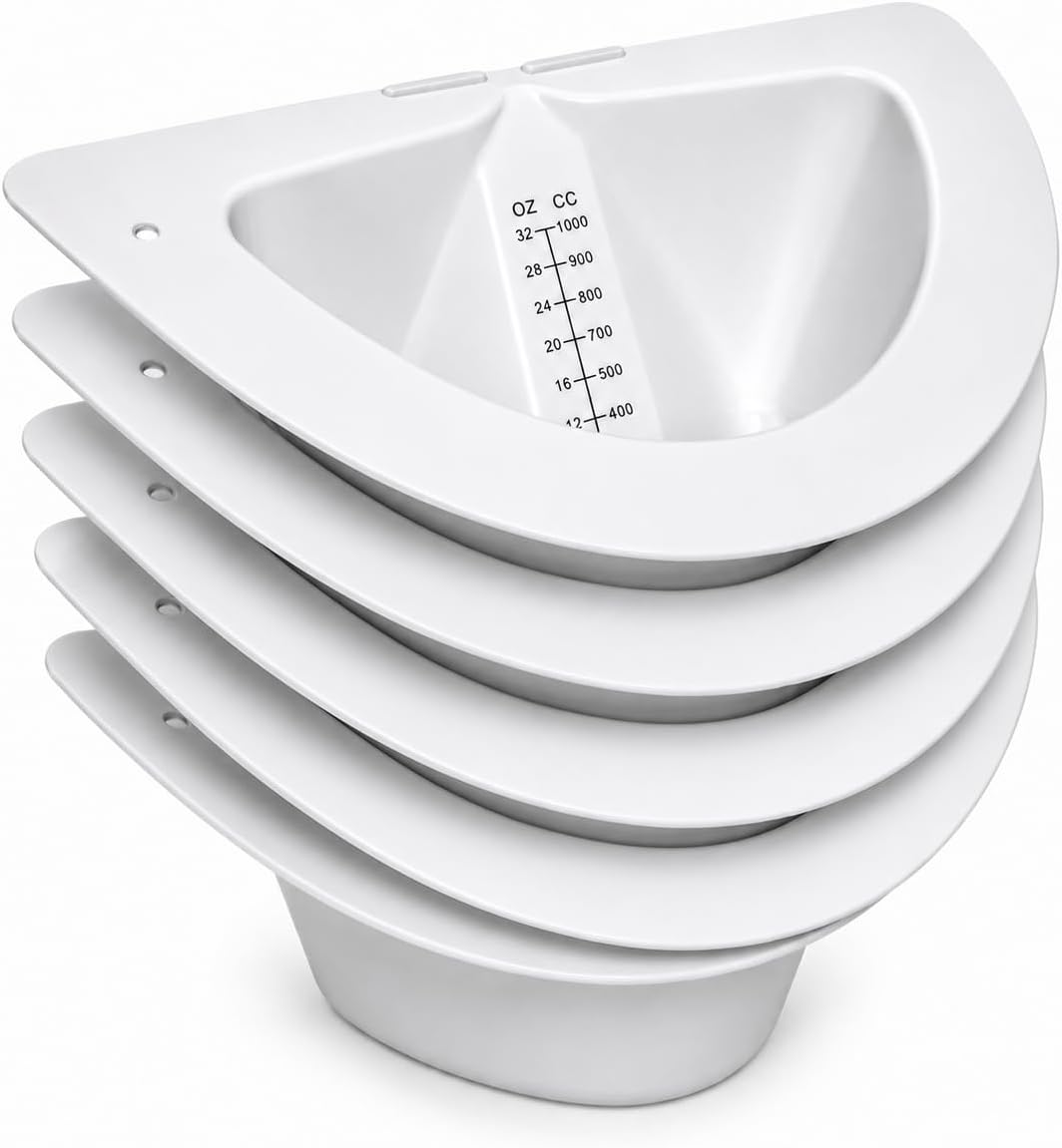Vakly Specimen Collector Pan 30 oz, Graduated Measuring Toilet Hat 5 Pk | Urine measuring, stool collection, vomit collection, pour spout, flat bottom, toilet & commode use, nursing homes