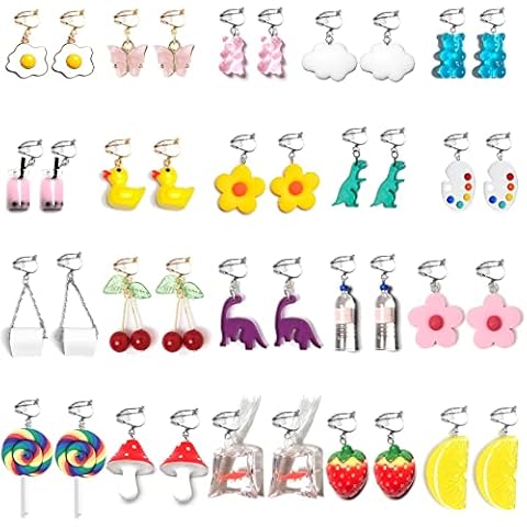 20 Pairs Clip On Earrings Weird Funny Earrings Gummy Bear Duck Water Bottle Fish Dinosaur Mushroom Butterfly Strawberry Dangle Earrings Set for Women Teen Girls, Resin, No Gemstone Cover