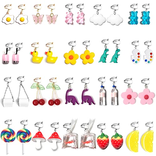 20 Pairs Clip On Earrings Weird Funny Earrings Gummy Bear Duck Water Bottle Fish Dinosaur Mushroom Butterfly Strawberry Dangle Earrings Set for Women