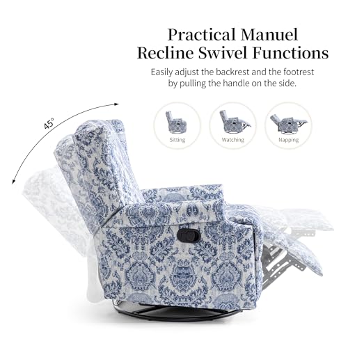 Image of Swivel Rocker Recliner Chairs Set of 2, 360 Swivel Wingback Recliner Chairs for Adults, Upholstered Printed Fabric Glider Rocking Chair with High Back, Deep Seat for Living Romm Bedroom, Navy