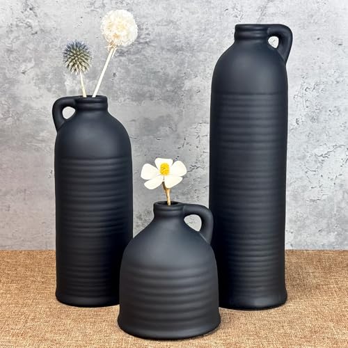 Black Ceramic Vase Set of 3, Vases Home Decor Rustic Farmhouse De...