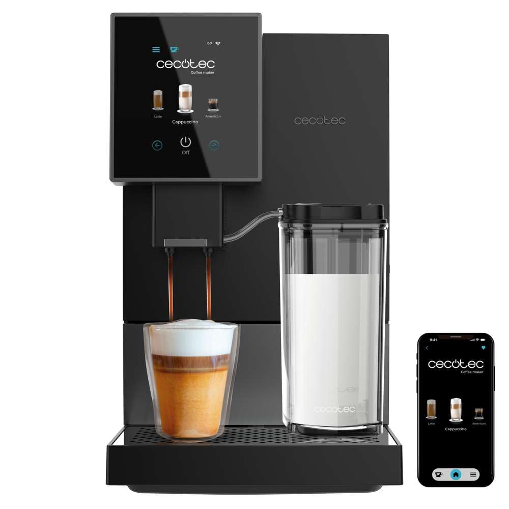 Cecotec Kompaktowy superautomatyczny ekspres do kawy z Cremmaet Compactccino Connected Black Silver. 1350W, 19 barów, wyświetlacz TFT i aplikacja, młynek, zbiornik na mleko 400 ml i 1 l wody