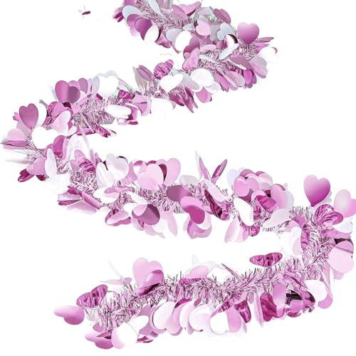 Image of 52Ft Valentines Day Garland Decorations, Glitter Hearts Purple Tinsel Garland for Valentines Tree Mantle, Pastel Heart Decor Party Supplies (52 Ft, Heart)