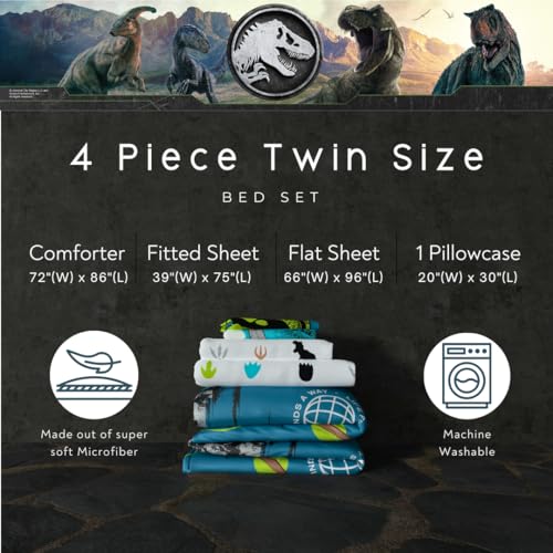 Image of Jurassic World Rebirth Kids Bedding Super Soft Cozy Microfiber Comforter and Sheet Set, 4 Piece Twin Size, (Officially Licensed Product) By Franco
