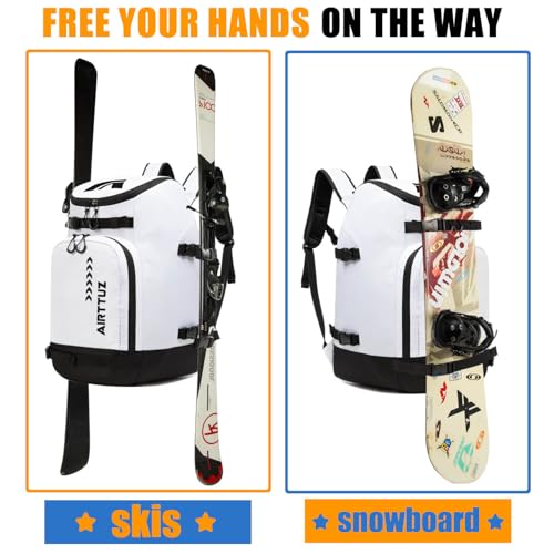 AIRTTUZ Ski Boot Bag - Ski and Snowboard Boots Backpack,Excellent for Travel with Waterproof Exterior & Bottom - for Men, Women and Youth. (WHITE)