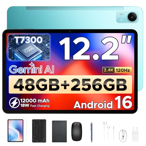 P12 Pro Tablet 12 Pulgadas, Tableta Android 16, 48GB RAM+256GB ROM/2TB TF, T7300 Octa-core, 2.4K 120Hz, 12000mAh/18W, 13MP+8MP, 5G WiFi, 4G LTE, Gemini AI, Face ID, Tablets con Teclado y Lapiz, Azul
