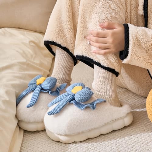 Women's Butterfly Bow-Knot Slippers Adult Soft Warm Plush Flowers Indoor Non-slip Home Comfortable Thick Bottom Cotton Shoes2