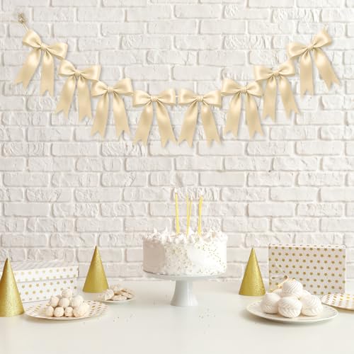 Image of 1 String of 8PCS Champange Bow Garland Banner Decoration,Pre-Strung Satin Ribbon Ornaments for Birthday,Bachelorette Party,Bridal Shower,Wedding,Engagement,Baby Shower,Graduation Decor,Anniversary