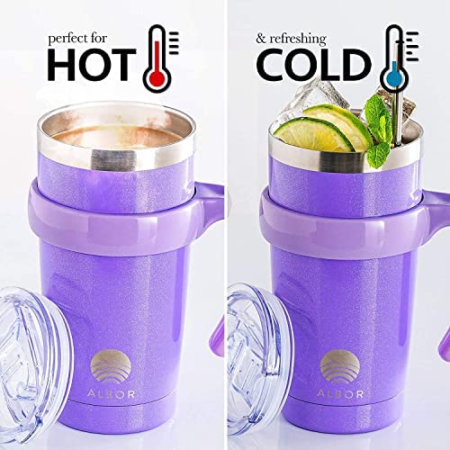 Albor Insulated Tumbler With Lid And Straw - 20 Oz Insulated Coffee Mug With Handle, Travel Coffee Mug With 2 Lids, 2 Metal Straw, Brush And Storage Bag, Glitter Violet #TOP2