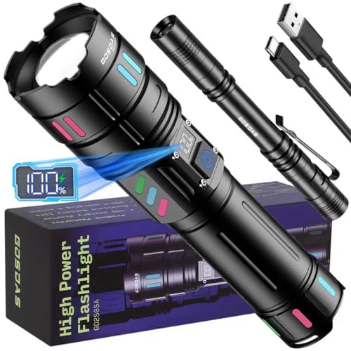 Gosdas Rechargeable Flashlights High Lumens 100000 Long Distance, Single Click 3 Modes, Super Bright LED Flashlight USB C Long Lasting 15H, Powerful Strong Flash Light for Security Hiking Camping