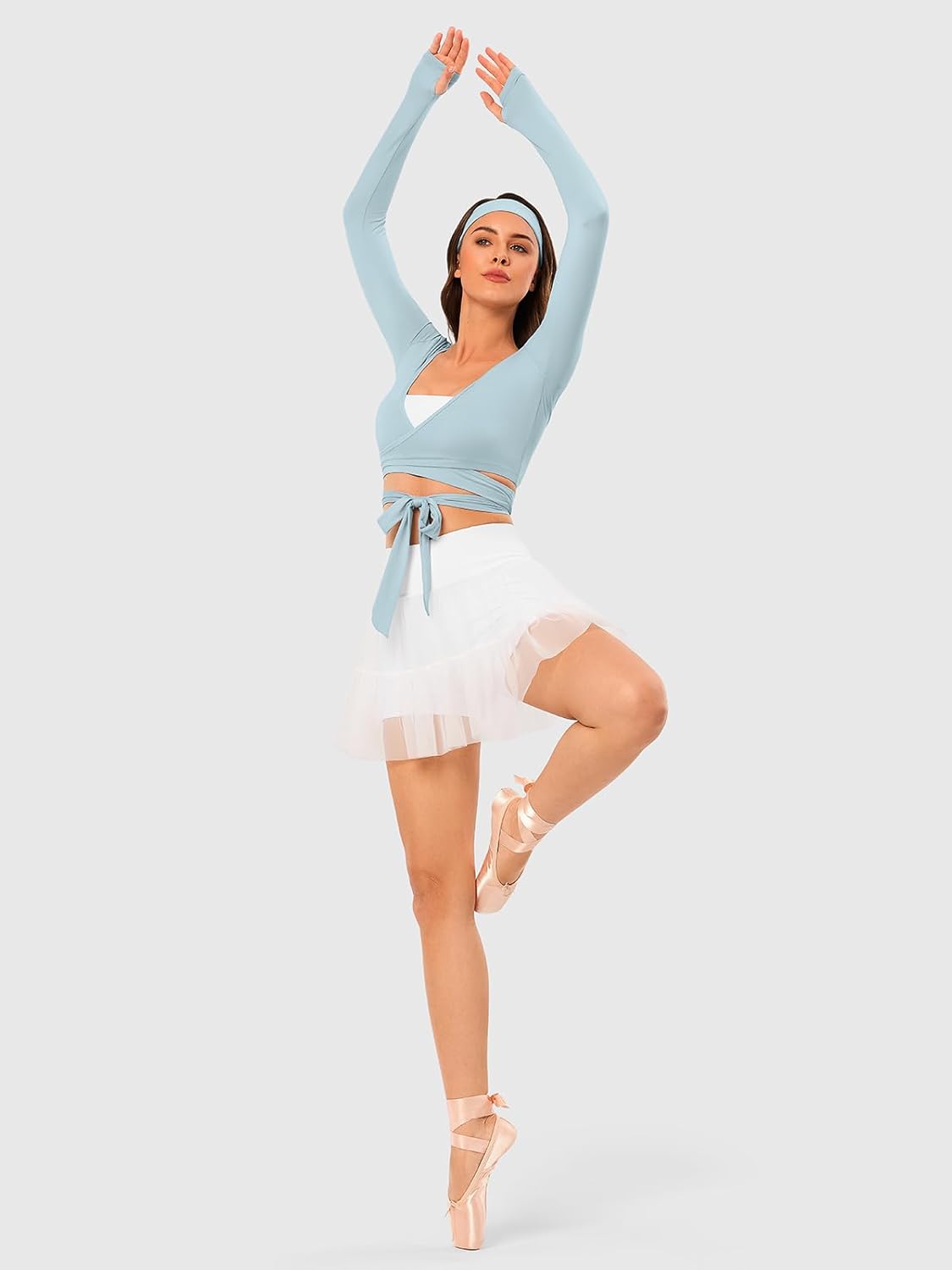 Pilates Wrap Top for Women, Cropped Workout Tie Tops with Long Sleeve & V Neck, Slim Fit Yoga Layering Shirts - Image 7