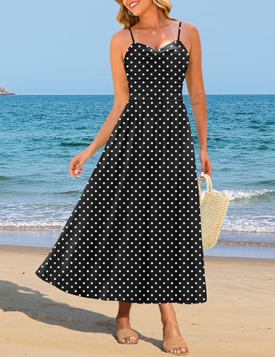 Image of Annebouti Women 2026 Summer Spring Ruched Maxi Dress Adjustable Spaghetti Strap Floral Beach Long Sundress with Pockets