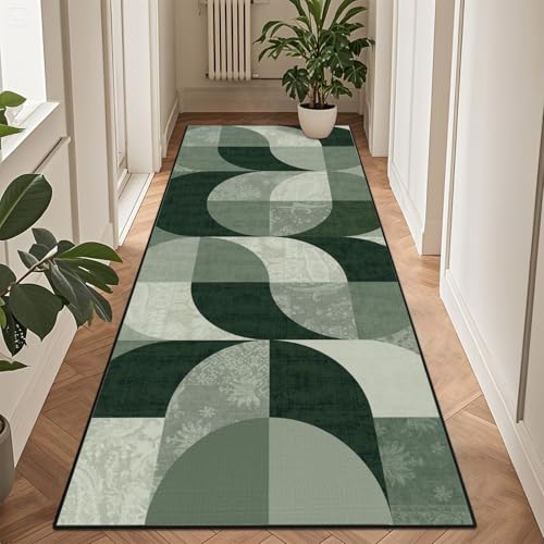 TUKDAK Boho Teppich Läufer Flur 80x200 cm, Grün Geometrisches Küchenteppich Waschbar, Rutschfest Teppichläufer Flur, Weicher Kurzflor Flurteppich Läufer Lang für Küche Schlafzimmer Wohnzimmer Korridor
