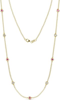 TriJewels Pink Sapphire & Natural Diamond SI2-I1, G-H 9 Station Necklace 0.40 ctw 14K Yellow Gold