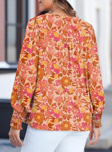Dokotoo Women's Casual V Neck Easel Floral Print Long Sleeve Blouses Smocked Button Down Shirts Bohemian Top3