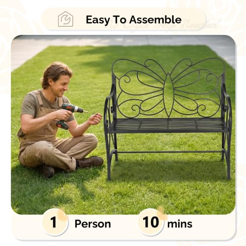 VINGLI Banc de Jardin Décoratif 2 Places en Fer forgé Motif Papillon Noir avec Coussin