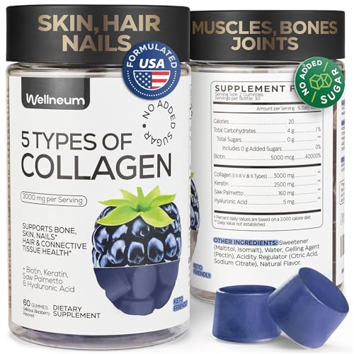 Collagen Peptide Gummies for Women and Men - Collagen Gummy Supplement for Healthy Hair, Skin, Nails and Bones - Hyaluronic Acid, Biotin, Keratin, Saw Palmetto - Sugar Free, No GMO and Gluten, 60 Pcs