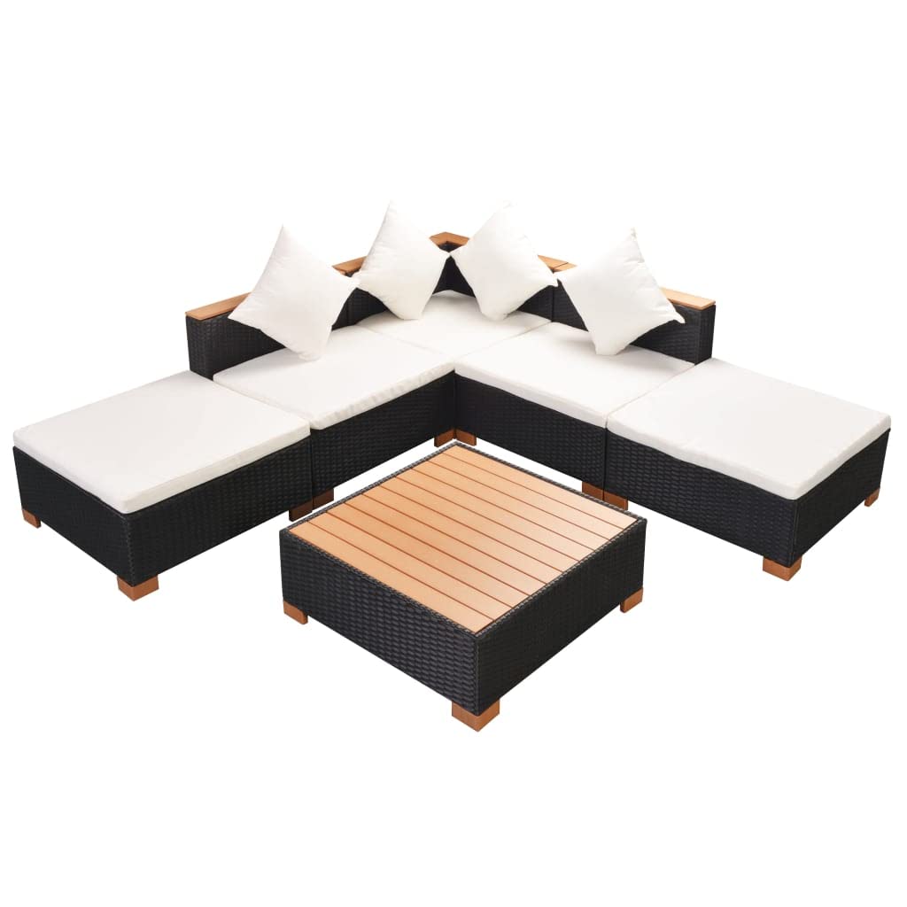 Ensemble Salon de Jardin 6 Pieces canape rotin résine tressée Noir Coussins Blanc Creme mobilier Exterieur avec Table Basse WPC modulable Jardin terrasse