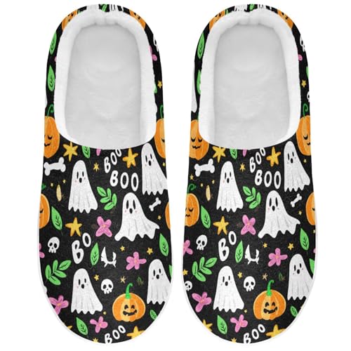 House Fuzzy Slippers Cute Halloween Pumpkin Ghost Anti-Slip Warm Shoes for Womens and Men A2304432