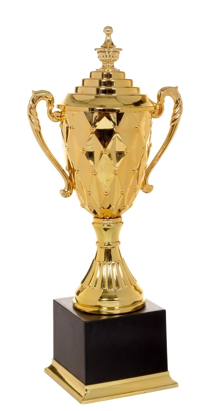 Golden Cup Trophy, Solid Plastic, Diamond Pattern, with Lid and Handles, Black Base, 16.5 Inch-image-16
