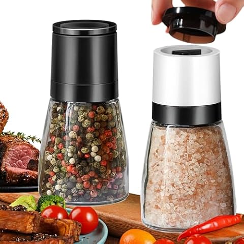 ANDONG Salt And Pepper Grinder Set of 2,Adjustable Ceramic Salt & Pepper Mill Sets,Ease Of Refilling Thickened Glass Salt and Pepper Shakers,With Airtight lids,Black White Cover